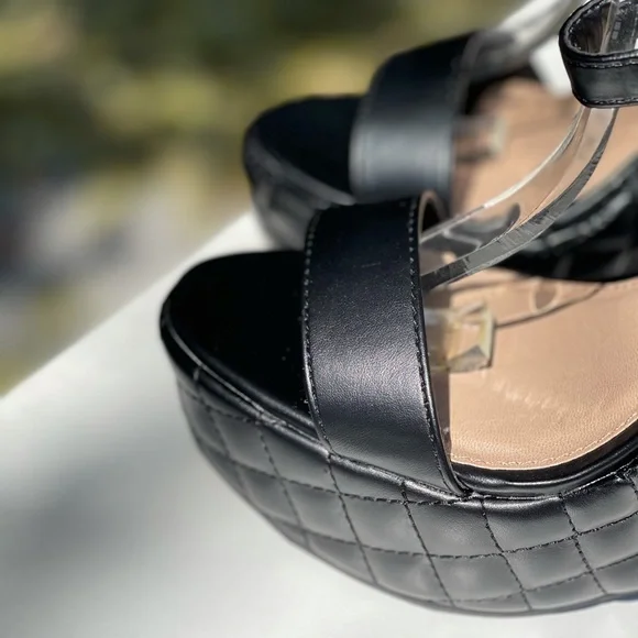 Size 8.5 Last Chance Qupid Black Quilted Faux Leather Ankle Strap Platform Wedge - Picture 8 of 11
